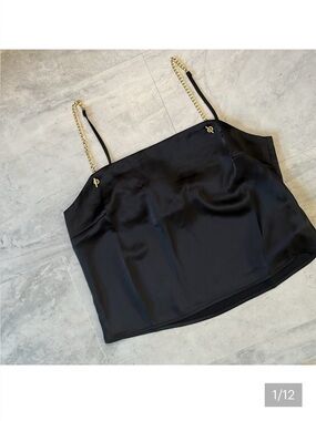 Forever 21   Tank top/front chain strap detail  black satin fabric/goldtone Sz M